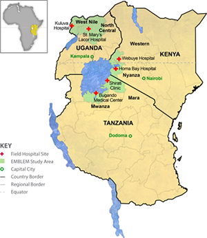 Map of Kenya, Tanzania and Uganda with the field hospital locations